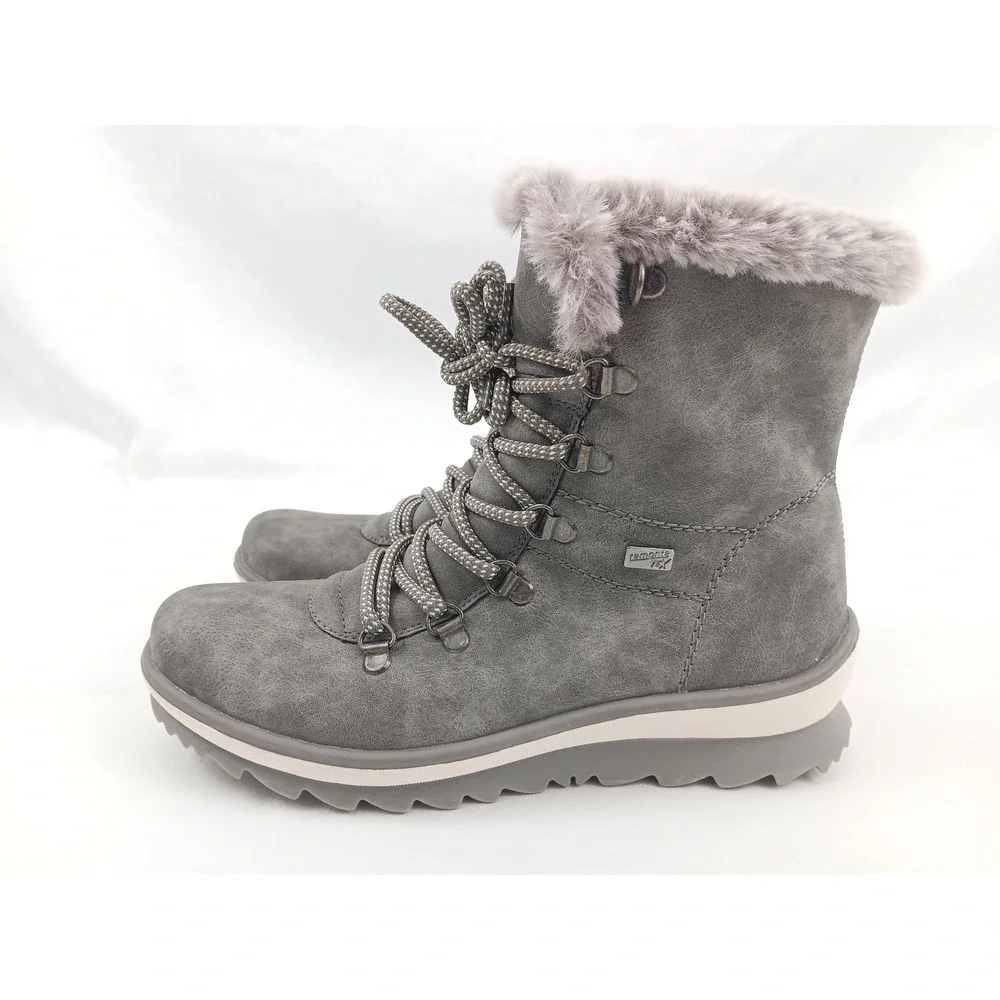 Remonte TEX Waterproof Grey Faux Suede Fur Lined Lace Up Winter Boots‎ Size 36